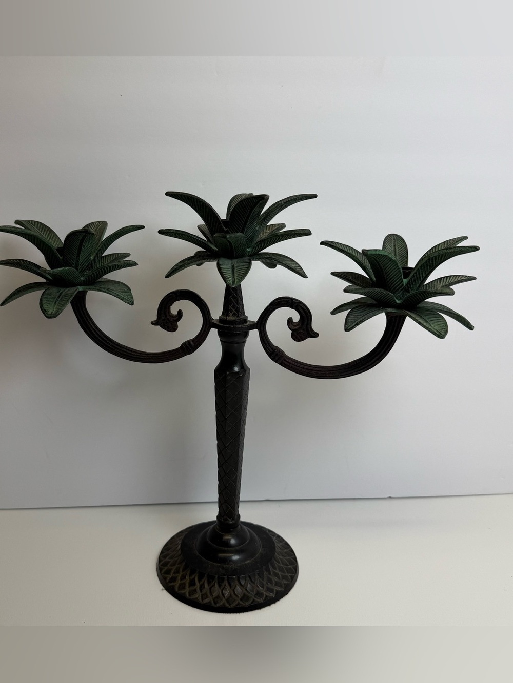 Decorative Candelabra 3 Arm Palm Leaf Design 12" Heavy Candle Holder Vintage - Picture 1 of 10